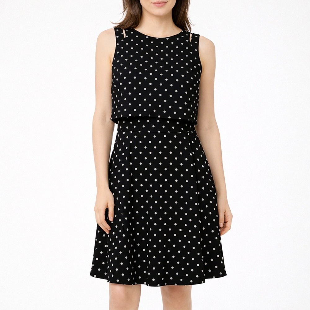Lauren Ralph Lauren Black Polka Dot Fit & Flare‎ Dress Layered Bodice Size 8